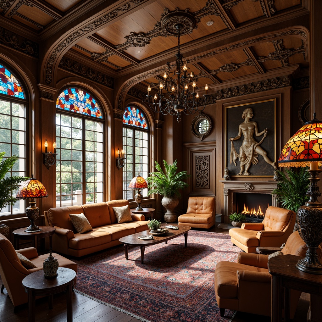 Prompt: Opulent living room, lavish furnishings, sinuous lines, flowing curves, organic forms, intricate wood carvings, ornate metalwork, stained glass windows, vibrant Tiffany lamps, luxurious velvet fabrics, richly patterned rugs, delicate ceramic vases, sculptural furniture pieces, whimsical botanical motifs, soft warm lighting, shallow depth of field, 2/3 composition, warm color palette, realistic textures, ambient occlusion.