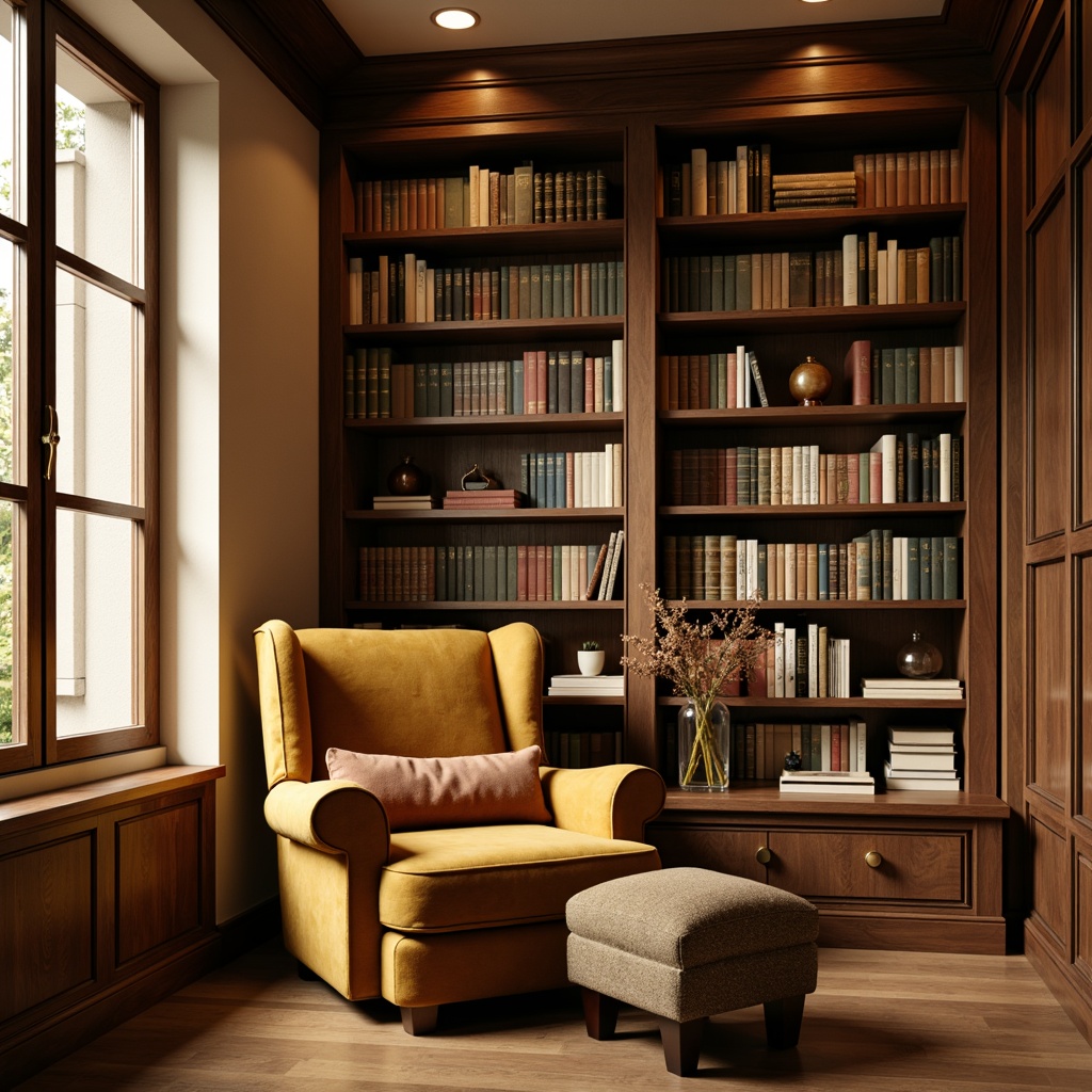 Prompt: Cozy reading nook, warm beige walls, plush velvet armchair, soft golden lighting, rich wood accents, vintage bookshelves, comfortable throw pillows, calming natural tones, earthy brown floor, serene atmosphere, 1/2 composition, shallow depth of field, realistic textures, ambient occlusion.