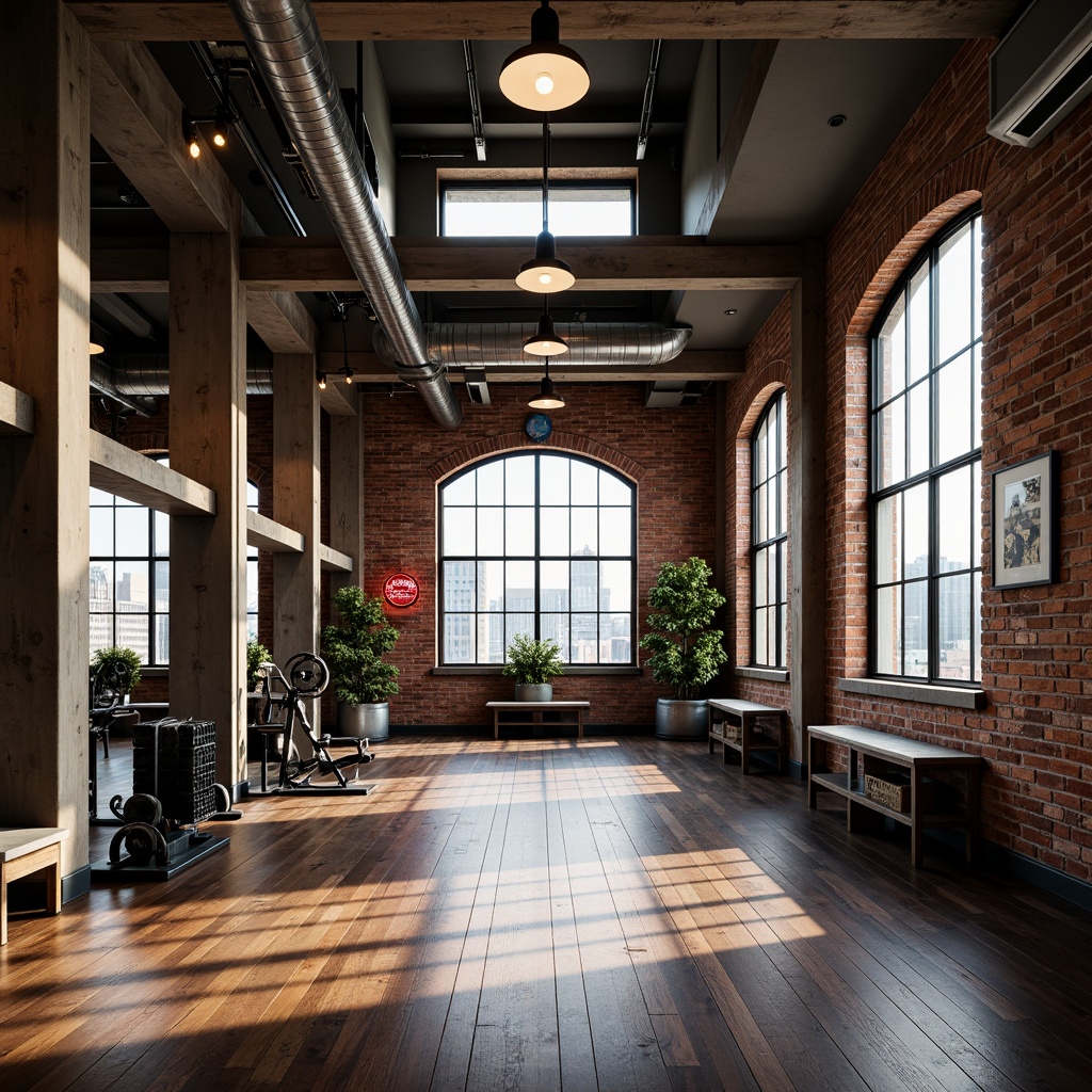 Prompt: Exposed brick walls, metal beams, industrial-style lighting fixtures, pendant lamps, neon signs, rustic wooden floors, metal equipment frames, free weights, exercise machines, mirrored walls, concrete columns, urban loft atmosphere, high ceilings, clerestory windows, natural light pouring in, soft warm glow, subtle shadows, 1/1 composition, realistic textures, ambient occlusion.