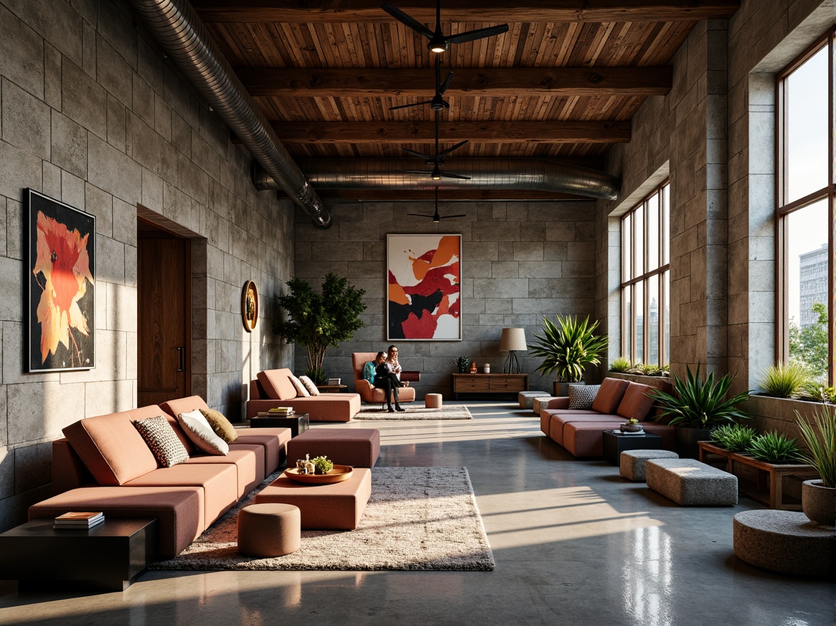 Prompt: Rustic industrial interior, textured stone walls, reclaimed wood accents, metal beams, polished concrete floors, modern minimalist furniture, urban loft atmosphere, warm ambient lighting, dramatic shadows, 1/1 composition, shallow depth of field, realistic textures, vibrant color palette, abstract art pieces, eclectic decorative objects.