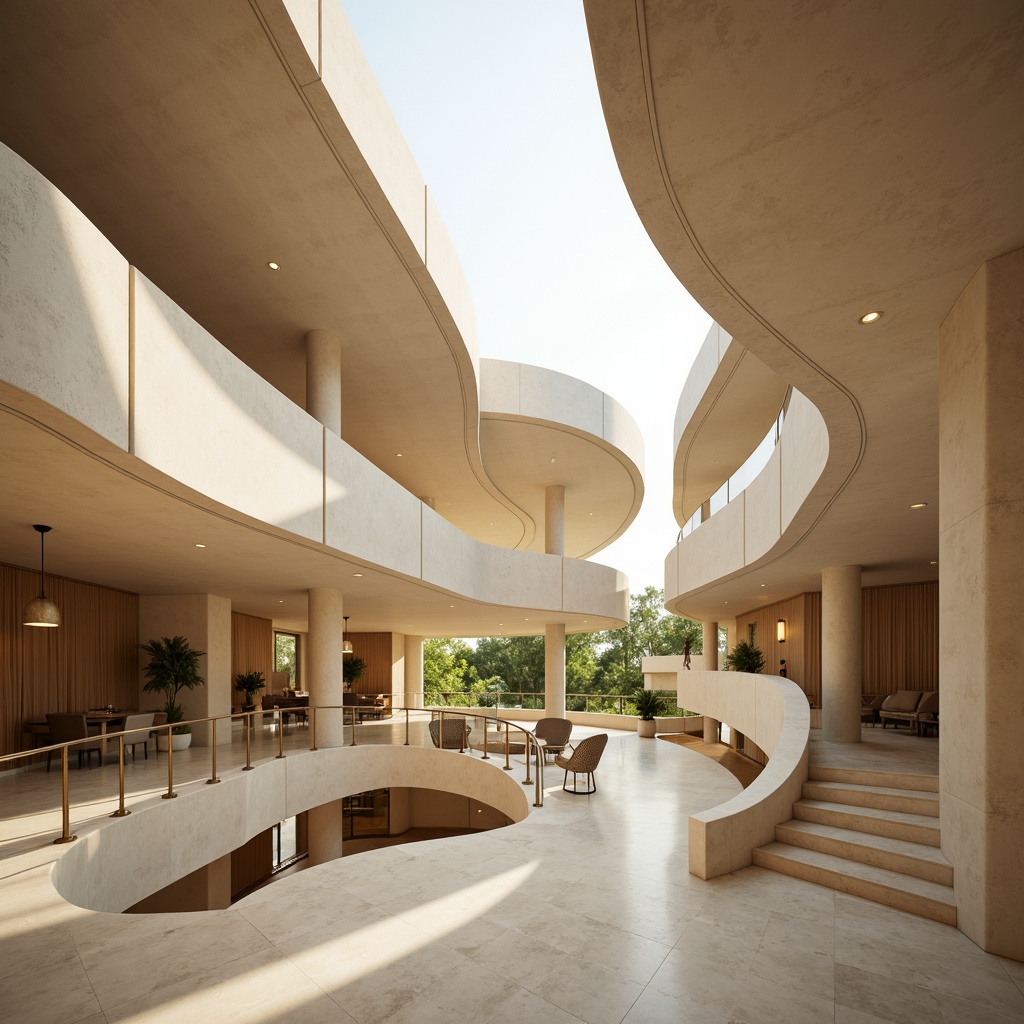 Prompt: Organic curvilinear buildings, flowing interior spaces, undulating walls, sinuous corridors, dynamic staircases, minimalist decor, polished marble floors, transparent glass railings, natural light pouring in, warm beige color palette, soft indirect lighting, subtle shading effects, 3/4 composition, atmospheric perspective, realistic reflections, ambient occlusion.