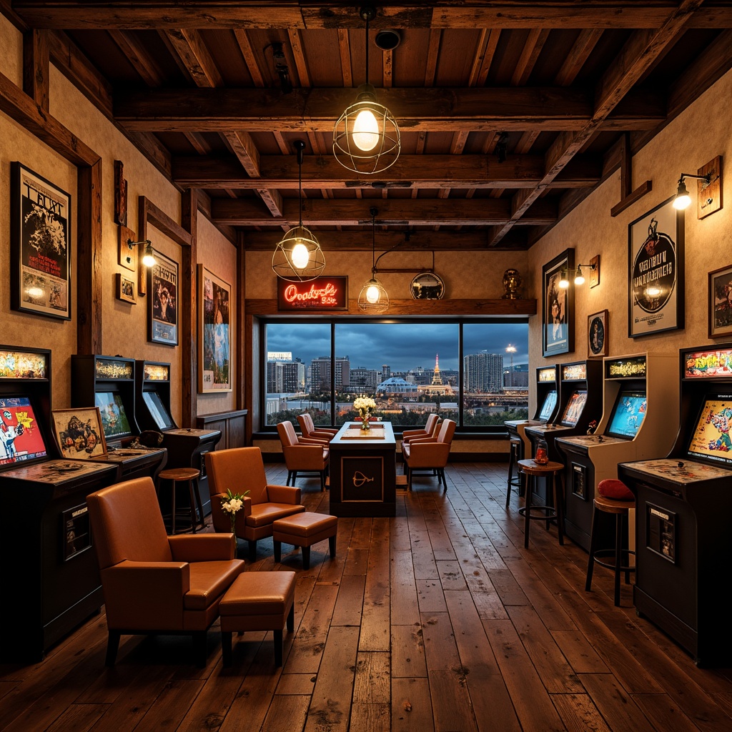 Prompt: Rustic game room, wooden accents, vintage posters, neon signs, ambient warm lighting, cozy atmosphere, distressed wood textures, industrial metal beams, reclaimed wood furniture, pendant lamps, Edison bulbs, warm color palette, rich wood tones, leather-bound armchairs, nostalgic decor, retro arcade machines, scenic cityscape views, dramatic spotlights, 1/2 composition, cinematic mood, realistic shadows.