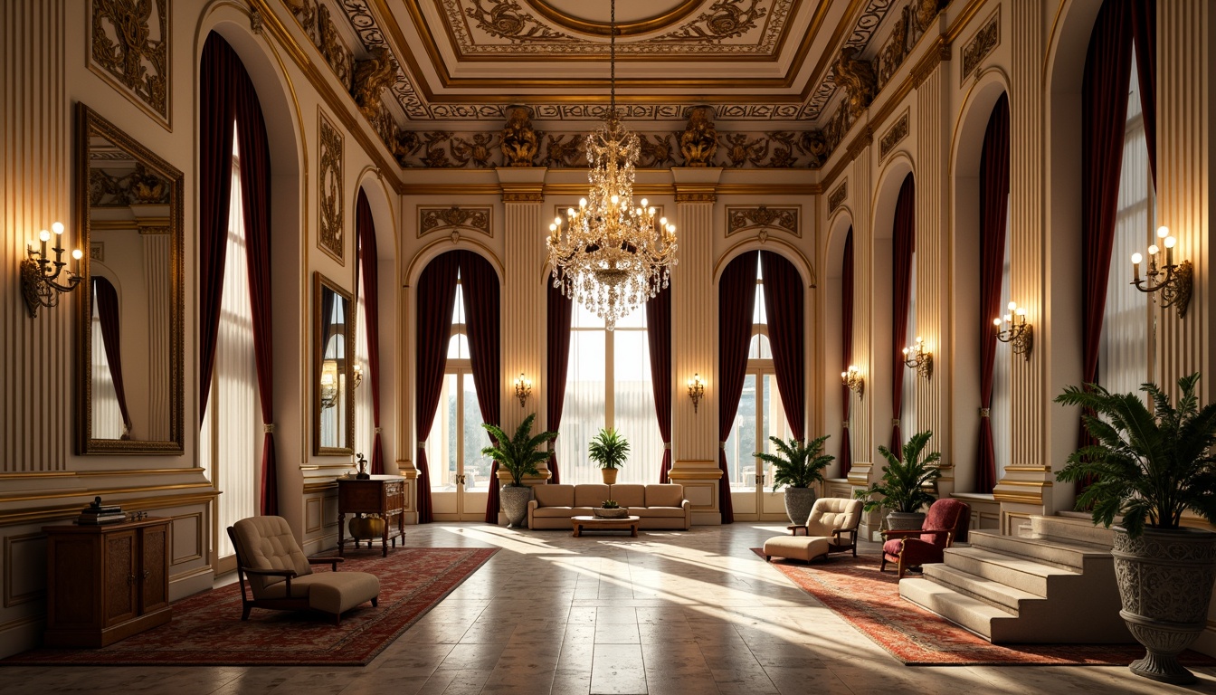 Prompt: Grandiose mansion, ornate decorations, intricate moldings, gilded frames, crystal chandeliers, marble columns, symmetrical facades, imposing entranceways, lavish furnishings, velvet drapes, ornamental vases, carved wooden panels, stately staircases, majestic arches, soft golden lighting, shallow depth of field, 1/1 composition, realistic textures, ambient occlusion.