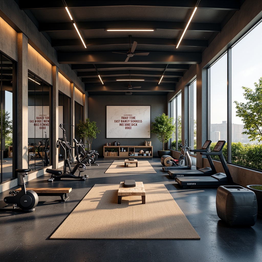 Prompt: Modern home gym, sleek metal equipment, rubber flooring, mirrored walls, high ceilings, natural light, organized storage systems, modular shelving units, customizable cabinets, durable steel frames, ergonomic design, ventilation systems, motivational quotes, inspirational posters, fitness trackers, exercise mats, resistance bands, dumbbells, kettlebells, adjustable benches, compact treadmills, foldable exercise bikes, smart lighting systems, warm color schemes, soft background music.