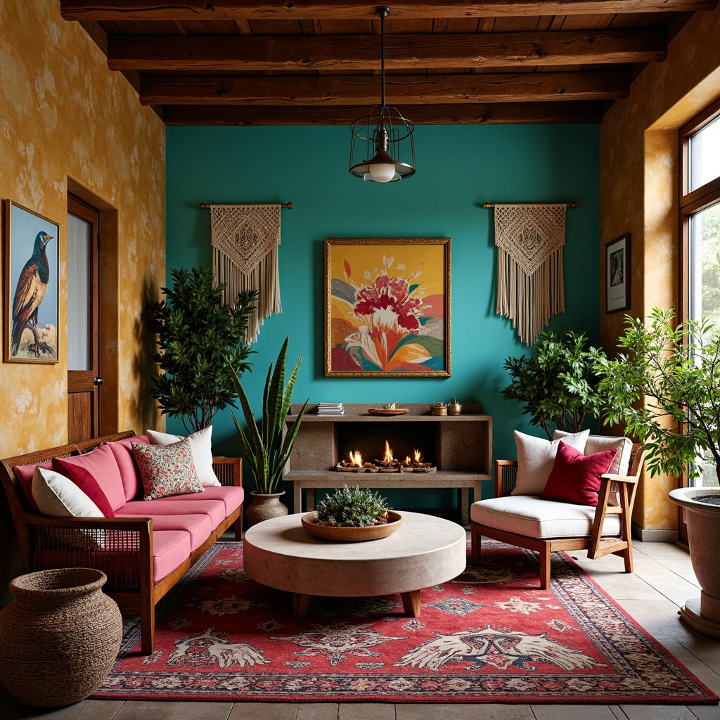 Prompt: Vibrant bohemian interior, eclectic style fusion, rich turquoise accents, warm golden tones, deep crimson reds, soft blush pinks, natural earthy browns, luxurious velvet textures, intricate Moroccan patterns, ornate antique furniture, distressed wood finishes, plush throw pillows, macrame wall hangings, lush greenery, tropical plants, exotic bird prints, abstract expressionist artwork, bold graphic rugs, industrial metal lighting, warm candlelit ambiance, soft focus photography.