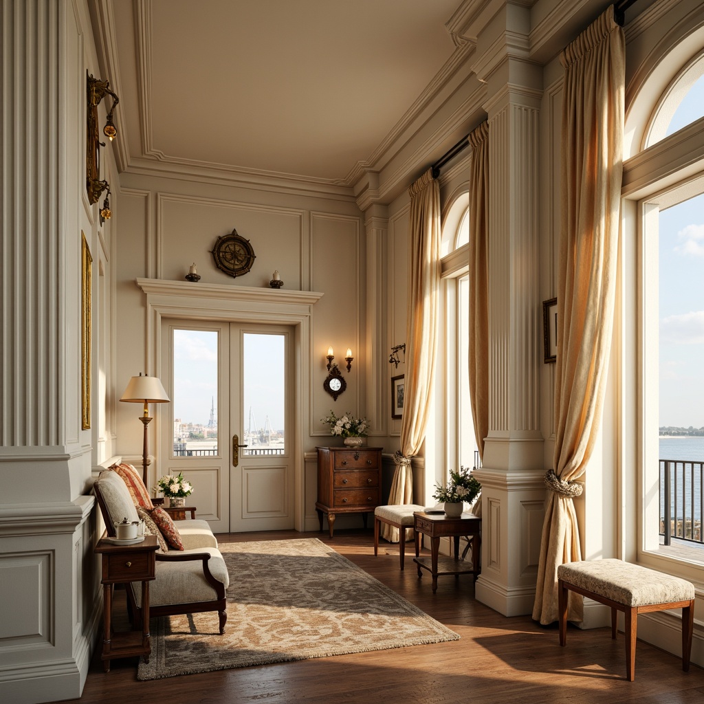 Prompt: Elegant boathouse, neoclassical facade, white column details, ornate wooden doors, soft cream-colored walls, rustic wooden accents, nautical-themed decor, porthole windows, elegant drapery, flowing silk curtains, billowy sheers, subtle patterned fabrics, warm golden lighting, shallow depth of field, 1/1 composition, realistic textures, ambient occlusion.