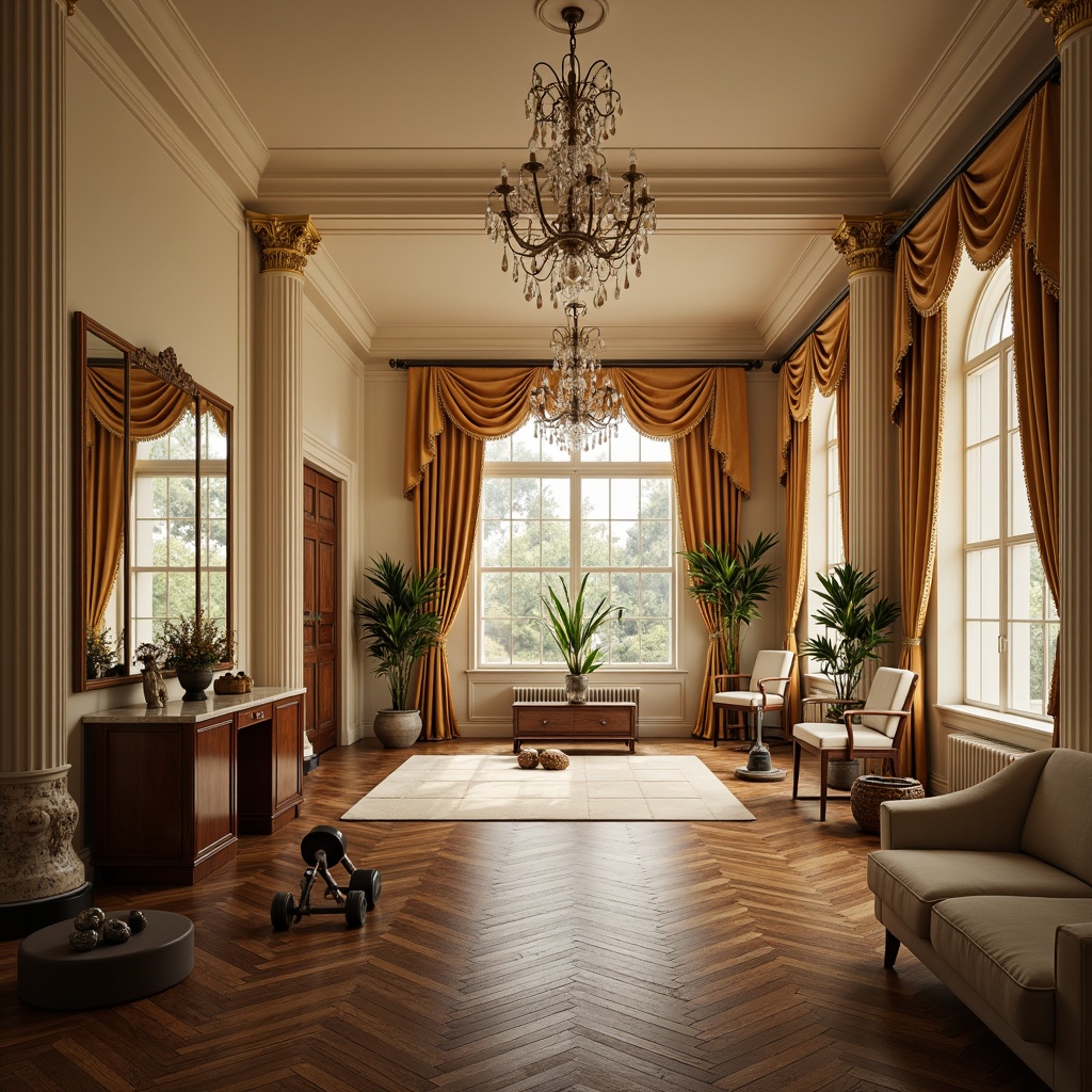 Prompt: Elegant home gym, neoclassical columns, ornate mirrors, luxurious wooden flooring, cream-colored walls, crystal chandeliers, lavish drapery, antique exercise equipment, vintage dumbbells, leather-bound weights, marble countertops, opulent furnishings, regal color palette, warm golden lighting, shallow depth of field, 1/2 composition, symmetrical framing, realistic textures, ambient occlusion.