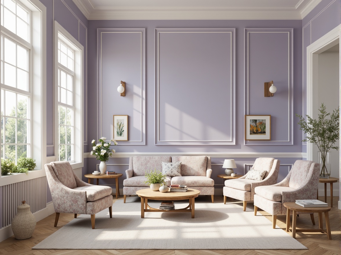 Prompt: Soft lavender blue walls, creamy white trim, elegant ornate furniture, subtle golden accents, delicate porcelain vases, pastel-colored artwork, gentle morning light, warm beige floors, plush velvet upholstery, whimsical floral patterns, dainty lace curtains, airy open spaces, minimalist decor, soft focus photography, shallow depth of field, 1/1 composition, natural textures, ambient occlusion.