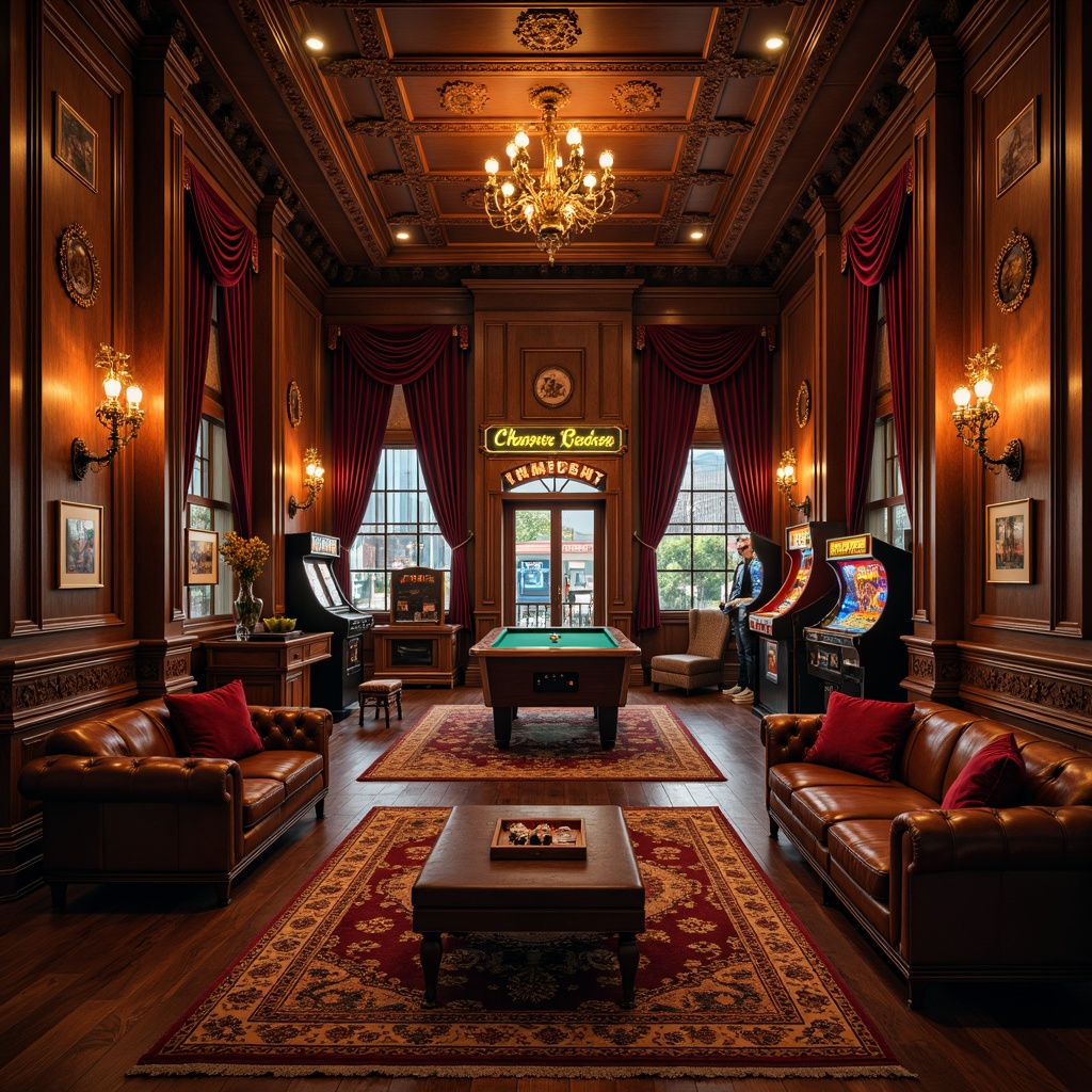 Prompt: Luxurious game room, rich wood paneling, ornate moldings, velvet drapes, golden accents, ambient lighting, plush area rugs, leather sofas, vintage arcade machines, neon signs, rustic brick walls, urban loft atmosphere, warm color palette, soft focus, cinematic composition, high-contrast ratio.