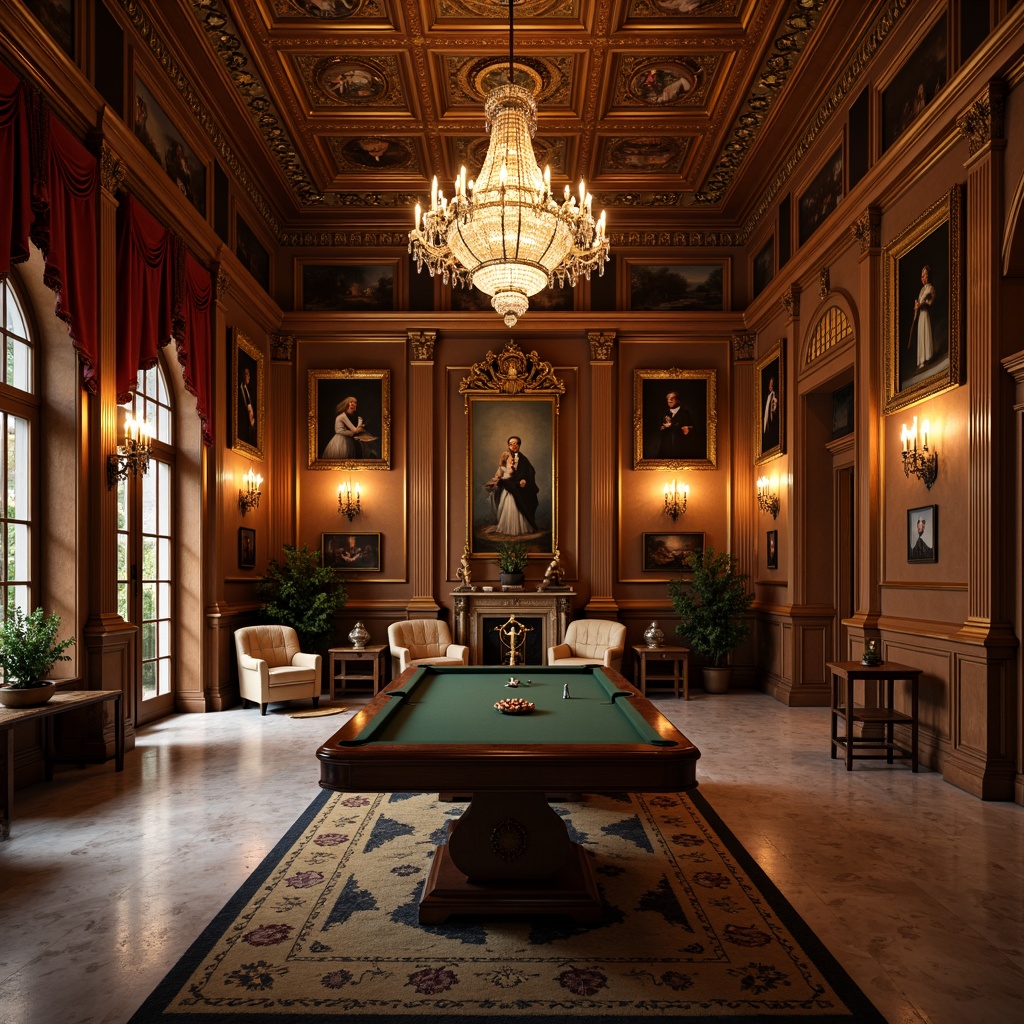 Prompt: Elegant game room, rich wood paneling, ornate moldings, crystal chandeliers, warm golden lighting, softbox diffused shadows, classic oil paintings, luxurious velvet drapes, intricately carved furniture, marble floors, grandiose columns, symmetrical composition, Renaissance-inspired decor, subtle ambient occlusion, 1/1 aspect ratio, cinematic color grading, warm white balance, realistic textures.