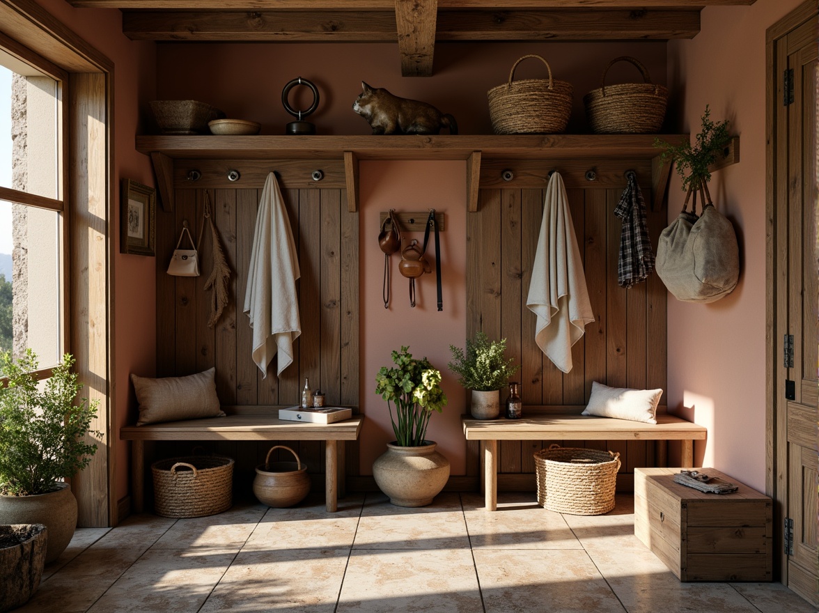 Prompt: Rustic mudroom, earthy tones, wooden accents, natural stone flooring, woven baskets, industrial metal hooks, vintage decor, distressed wood benches, worn leather straps, earth-toned walls, warm overhead lighting, soft shadows, 1/1 composition, intimate framing, realistic textures, ambient occlusion.