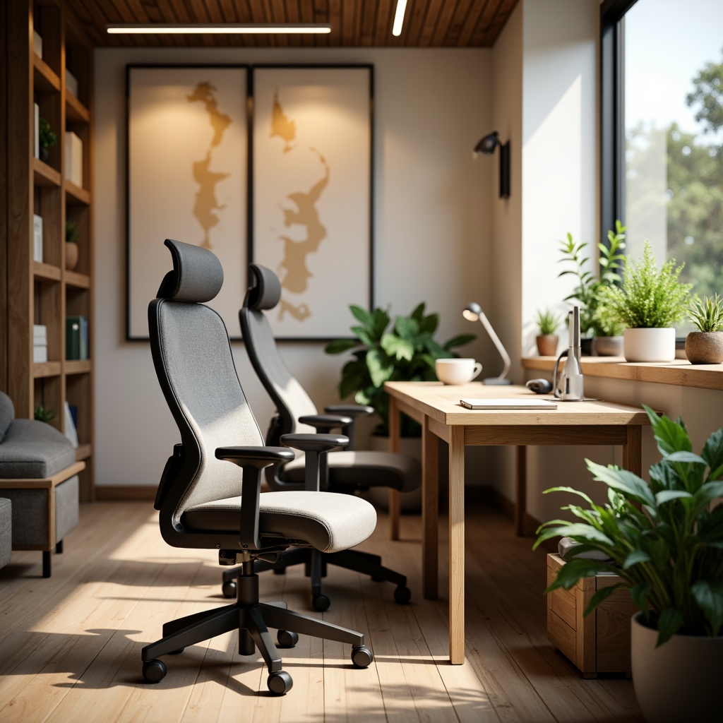 Prompt: Ergonomic office chairs, soft cushioning, adjustable armrests, breathable mesh fabric, wooden desk, natural oak finish, comfortable seating, task lamps, warm beige lighting, minimalist decor, quiet atmosphere, acoustic panels, sound-absorbing materials, lush greenery, potted plants, calming colors, soothing ambiance, relaxed mood, 1/1 composition, shallow depth of field, realistic textures.