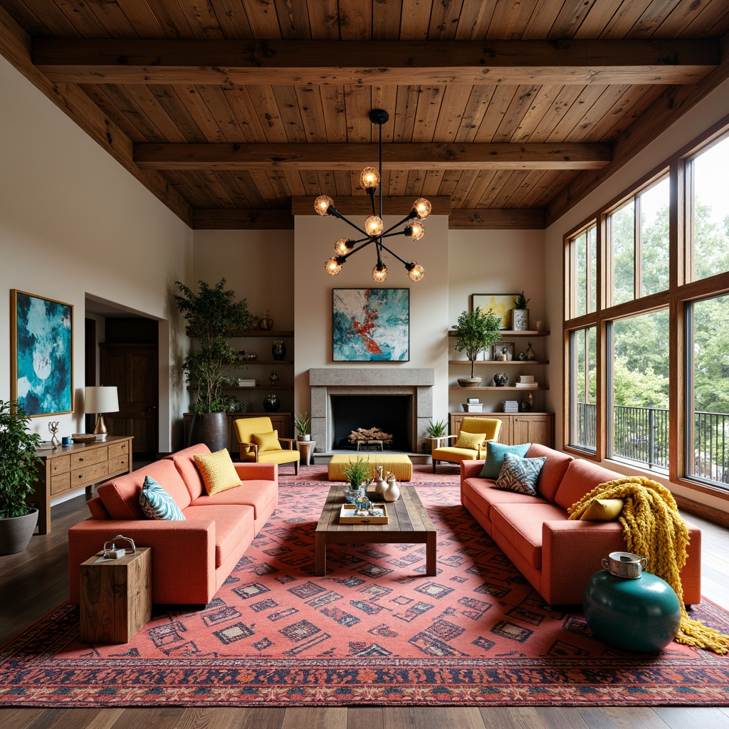 Prompt: Vibrant great room, eclectic style, rich wood accents, plush sectional sofas, bold patterned rugs, statement lighting fixtures, mixed metal tones, distressed wooden furniture, pops of bright coral, turquoise, and yellow, neutral beige walls, natural stone fireplace, lush greenery, warm ambiance, cozy throw blankets, abstract artwork, industrial-chic decor, reclaimed wood shelves, decorative vintage items, soft warm lighting, shallow depth of field, 1/1 composition, realistic textures, ambient occlusion.