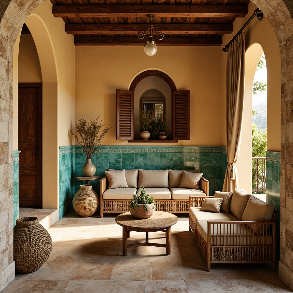 Prompt: Warm beige stucco walls, rustic stone accents, curved archways, ornate metalwork, vibrant turquoise tiles, distressed wood shutters, natural linen drapes, woven rattan furniture, plush velvet upholstery, warm golden lighting, soft focus photography, shallow depth of field, 1/2 composition, intimate close-ups, realistic textures, ambient occlusion.