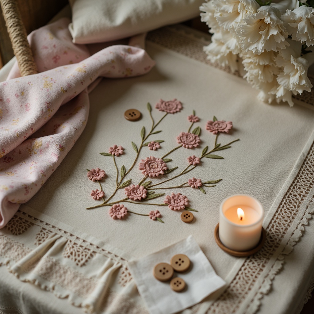 Prompt: Distressed fabrics, soft pastel hues, vintage floral patterns, lace trims, linen textures, worn wooden buttons, faded stripes, rustic burlap, antique embroidery, romantic ruffles, gentle gathers, whimsical appliques, muted color palette, natural fibers, organic feel, cozy atmosphere, warm candlelight, relaxed composition, shallow depth of field.