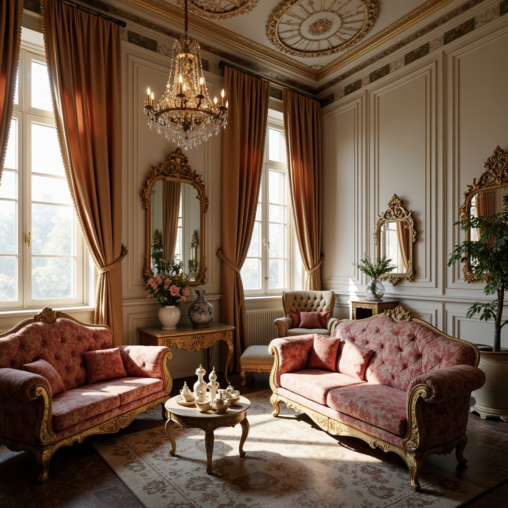 Prompt: Ornate Rococo-style interior, luxurious velvet sofas, intricately carved wooden armchairs, gilded mirrors, crystal chandeliers, ornamental vases, delicate porcelain figurines, lavish silk drapes, golden leaf patterns, soft warm lighting, shallow depth of field, 3/4 composition, realistic textures, ambient occlusion, richly polished marble floors, elegant curved lines, subtle Rococo-inspired motifs, pastel color palette.