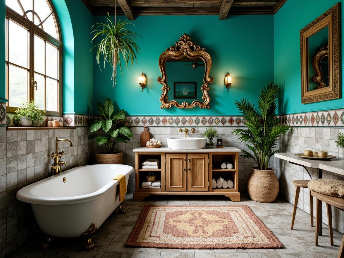 Prompt: Vibrant turquoise walls, eclectic mix-and-match tilework, antique brass fixtures, distressed wooden cabinets, ornate mirrors, freestanding tubs, plush area rugs, tropical plants, natural stone countertops, Moroccan-inspired geometric patterns, soft warm lighting, shallow depth of field, 1/2 composition, realistic textures, ambient occlusion.