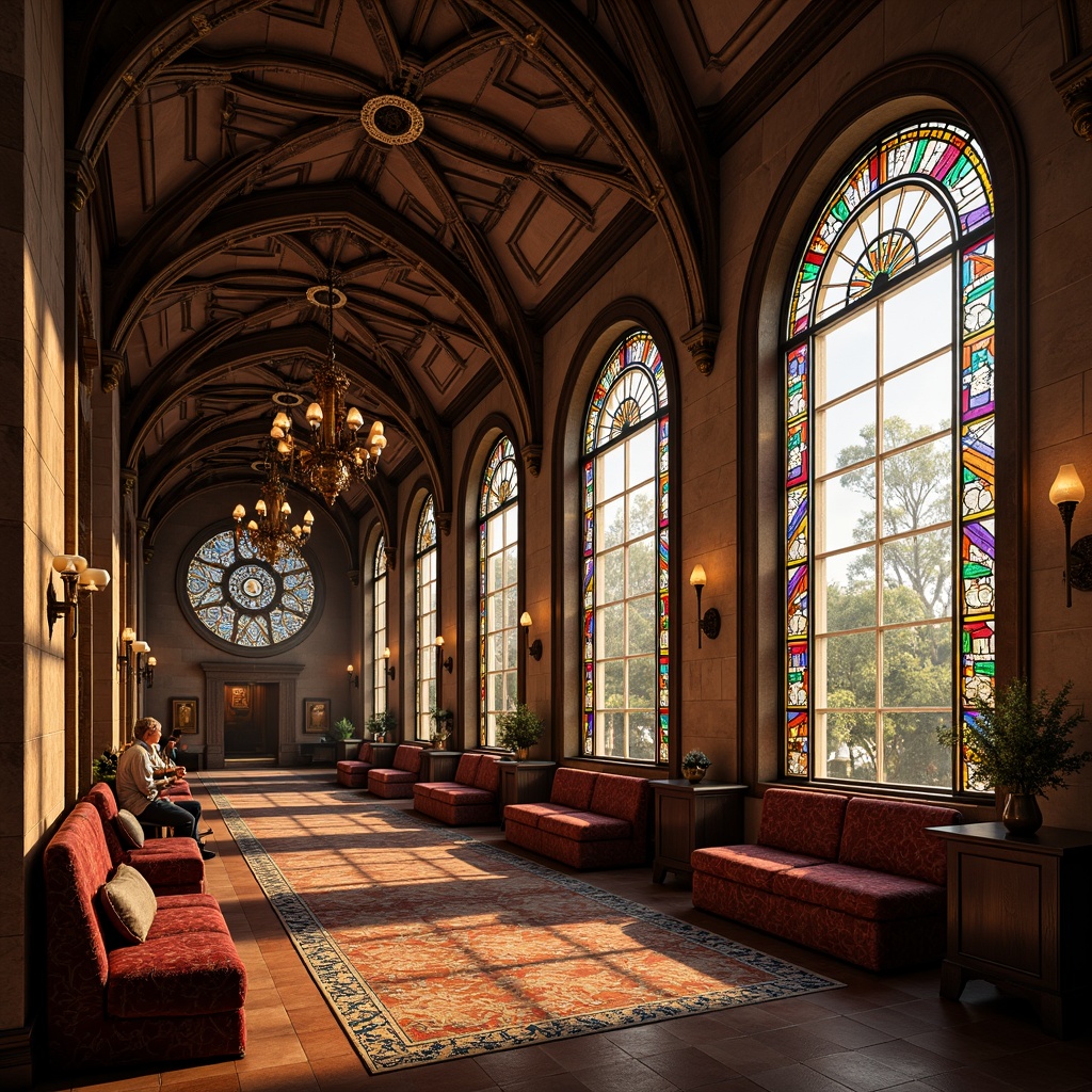 Prompt: Intricate stained glass windows, vibrant colored panes, ornate Gothic arches, ribbed vaulted ceilings, grandiose chandeliers, lavish furnishings, rich velvet drapes, ornamental carvings, mystical symbolic motifs, sacred geometry patterns, warm golden lighting, soft diffused glow, 1/1 composition, intimate atmosphere, realistic textures, ambient occlusion.