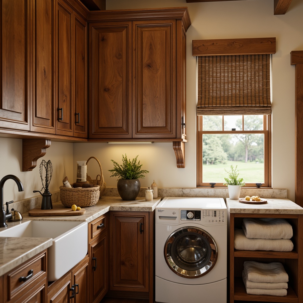 Prompt: Rustic laundry room, warm wooden cabinetry, ornate carvings, soft cream-colored walls, classic Shaker-style cabinets, decorative corbels, rich walnut wood tones, polished brass hardware, porcelain sink, vintage-inspired faucets, natural stone countertops, earthy color palette, warm ambient lighting, soft focus photography, 1/1 composition, cozy atmosphere.