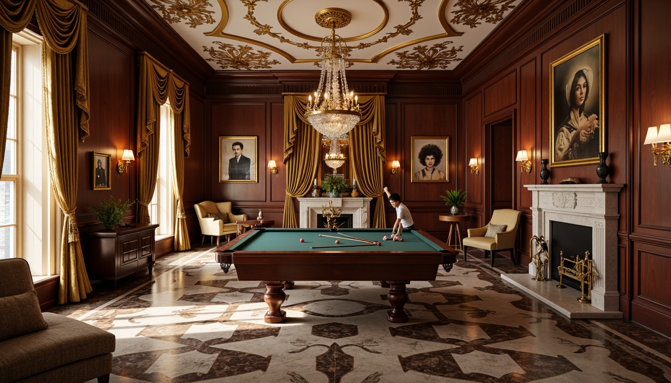 Prompt: Luxurious game room, rich wood paneling, ornate furniture, velvet drapes, golden accents, intricate moldings, high ceilings, crystal chandeliers, refined marble floors, elegant fireplaces, sophisticated wallpaper patterns, subtle cream colors, soft warm lighting, shallow depth of field, 1/1 composition, realistic textures, ambient occlusion.