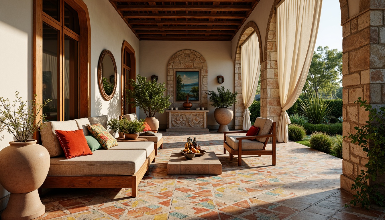 Prompt: Vibrant Mediterranean villa, ornate tiles, colorful ceramics, plush throw pillows, rich velvet fabrics, intricate embroidery patterns, natural linen drapes, rustic wooden accents, distressed stone walls, fragrant herb gardens, sunny afternoon, warm golden lighting, shallow depth of field, 1/1 composition, intimate close-up shots, realistic textures, ambient occlusion.