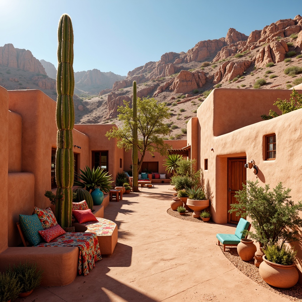 Prompt: Vibrant desert landscape, warm sandy dunes, majestic cacti, turquoise accents, earthy terracotta tones, rustic adobe buildings, vibrant colorful textiles, intricate geometric patterns, bold red and orange hues, soft peach and beige shades, natural stone walls, reclaimed wood elements, woven baskets, Southwestern-inspired pottery, warm golden lighting, shallow depth of field, 3/4 composition, panoramic view, realistic textures, ambient occlusion.