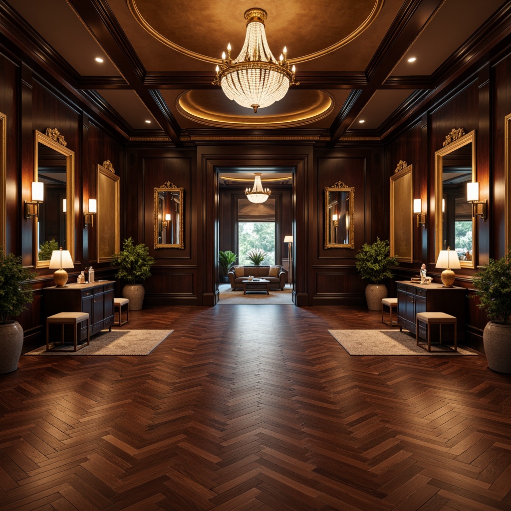 Prompt: Elegant home gym, neoclassical style, dark hardwood flooring, herringbone pattern, polished finish, luxurious atmosphere, rich wood tones, ornate mirrors, crystal chandeliers, high ceilings, marble accents, sophisticated color palette, warm lighting, dramatic shadows, 1/1 composition, shallow depth of field, softbox lighting, realistic textures.