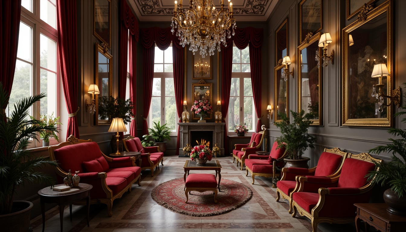 Prompt: Ornate Rococo-style interior, lavish furnishings, intricately carved wooden frames, gilded accents, velvet upholstery, curved lines, ornamental mirrors, crystal chandeliers, marble flooring, rich textiles, subtle warm lighting, soft focus, shallow depth of field, 1/2 composition, realistic reflections, ambient occlusion.