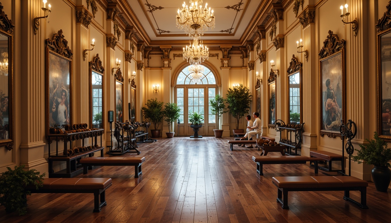 Prompt: Elegant home gym, neoclassical columns, ornate mirrors, crystal chandeliers, warm beige walls, rich wood flooring, antique exercise equipment, vintage dumbbells, leather-bound benches, ornamental ceiling trim, subtle gradient lighting, softbox lights, warm white tones, 1/2 composition, shallow depth of field, realistic textures, ambient occlusion.