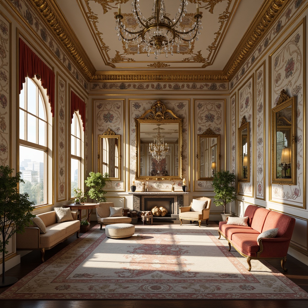 Prompt: Ornate Rococo interior, gold leaf accents, curved lines, shell-shaped decorations, velvet upholstery, carved wooden furniture, intricate patterns, soft pastel colors, crystal chandeliers, ornamental mirrors, luxurious fabrics, French-inspired design, elegant ambiance, warm candlelight, shallow depth of field, 1/1 composition, realistic textures, ambient occlusion.