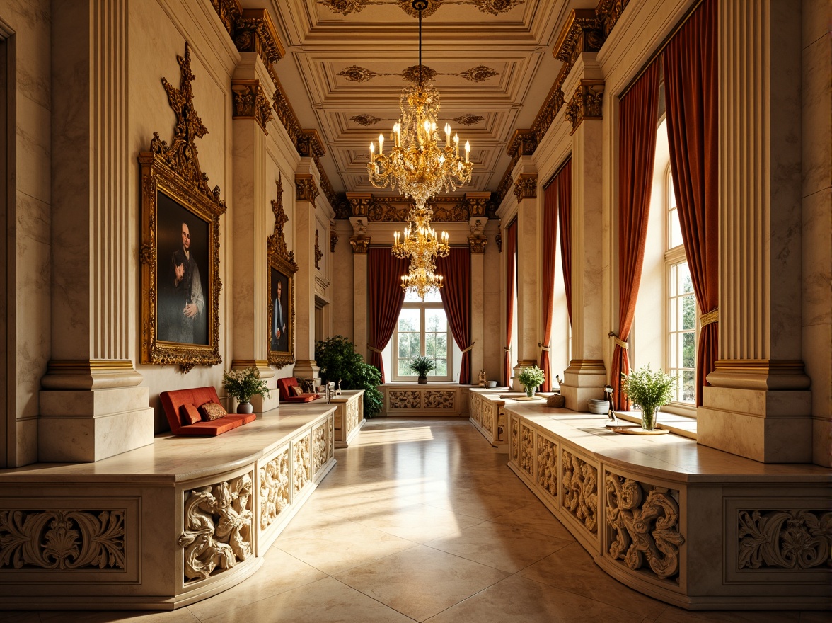 Prompt: Ornate Renaissance palace, intricately carved stone countertops, creamy white marble, warm golden lighting, lavish furnishings, opulent chandeliers, grandiose architecture, ornamental moldings, rich velvet drapes, majestic columns, polished brass fixtures, elegant cabinetry, sophisticated color palette, soft focus, shallow depth of field, 1/2 composition, atmospheric perspective.