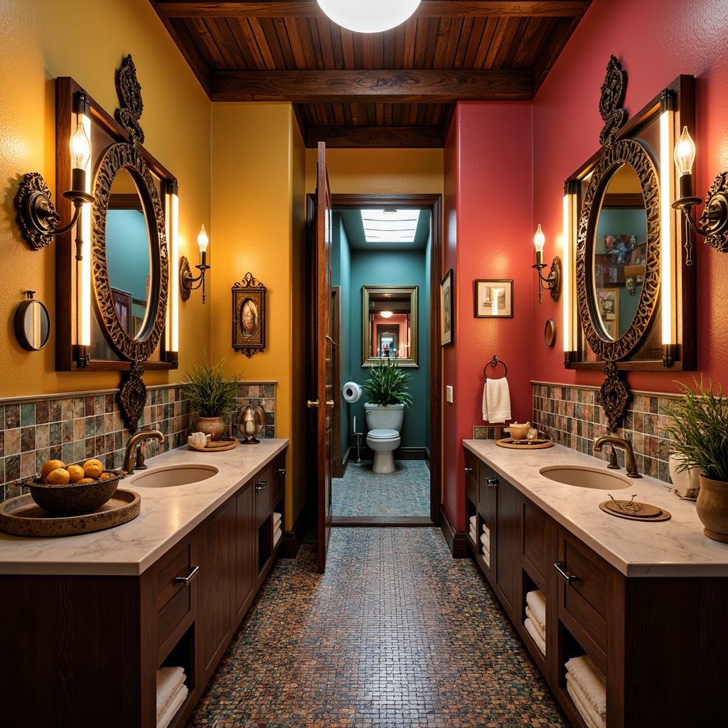 Prompt: Vibrant eclectic bathroom, mixed metallic fixtures, bold color schemes, unique decorative accessories, ornate mirrors, statement lighting fixtures, industrial-chic exposed bulbs, soft warm glow, layered lighting effects, ambient shadows, 3-point lighting setup, dramatic spotlights, LED strip lights, glass tile backsplashes, natural stone countertops, reclaimed wood accents, eclectic artwork, vintage-inspired fixtures, bohemian patterns, Moroccan-inspired tiles.