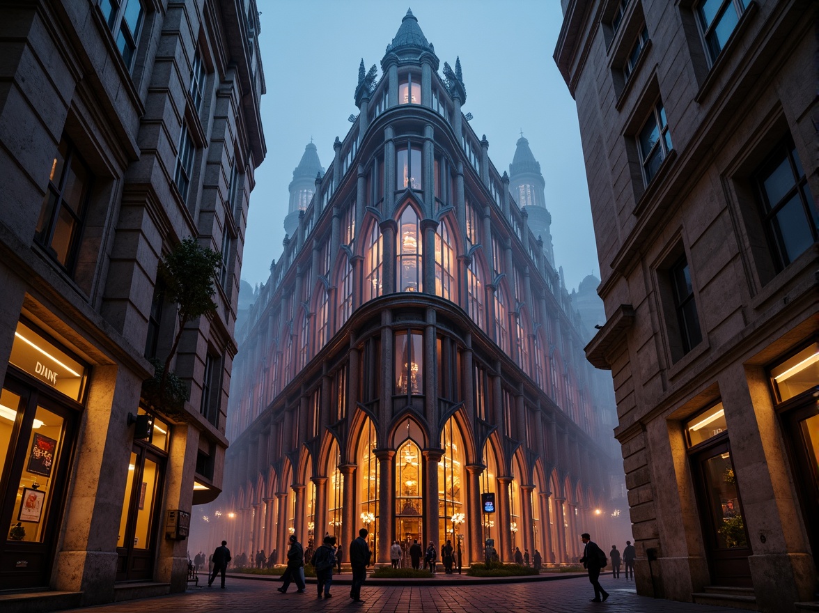 Prompt: Intricate stone carvings, ornate facades, grandiose cathedrals, ribbed vaults, flying buttresses, pointed arches, stained glass windows, vibrant color schemes, dramatic lighting effects, mysterious ambiance, foggy atmosphere, misty mornings, low-angle shots, cinematic composition, symmetrical framing, warm golden lighting, high-contrast ratios.