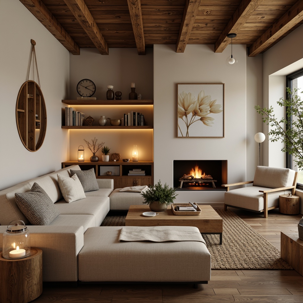 Prompt: Cozy Scandinavian living room, warm candlelight, soft pastel colors, natural wood textures, woven textiles, minimalist decor, Nordic-inspired furniture, sleek lines, organic shapes, subtle shadows, ambient indirect lighting, floor lamps, table lamps, pendant lights, frosted glass shades, rustic wooden accents, stone fireplaces, comfortable seating areas, calm atmosphere, shallow depth of field, 1/2 composition, realistic rendering.