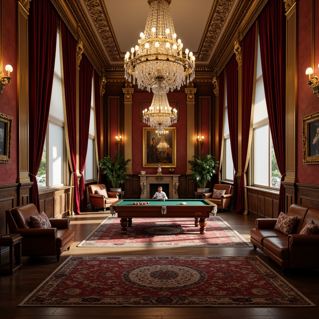 Prompt: Luxurious game room, rich velvet drapes, ornate wooden paneling, gilded frames, intricate moldings, crystal chandeliers, plush area rugs, tufted leather sofas, carved wooden furniture, Neoclassical architectural details, warm golden lighting, shallow depth of field, 1/1 composition, realistic textures, ambient occlusion.