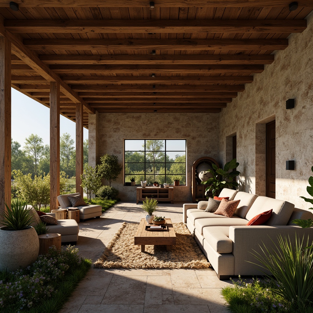 Prompt: Rustic farmhouse, exposed wooden beams, earthy color palette, textured walls, natural stone foundations, vintage farm equipment, lush greenery, wildflowers, sunny afternoon, warm soft lighting, shallow depth of field, 1/2 composition, realistic wood textures, ambient occlusion, cozy interior spaces, plush furnishings, distressed wood accents.