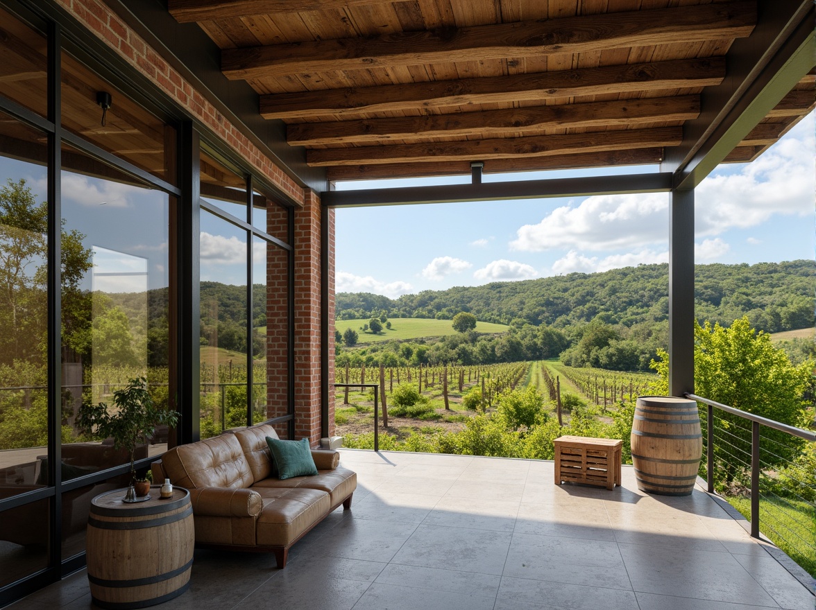 Prompt: Vineyard landscape, rolling hills, lush green vines, rustic wooden fences, modern minimalist winery buildings, large glass walls, steel beams, polished concrete floors, industrial chic decor, wine barrels, fermentation tanks, wooden crates, earthy tones, natural textures, warm soft lighting, shallow depth of field, 3/4 composition, panoramic view, realistic ambient occlusion.