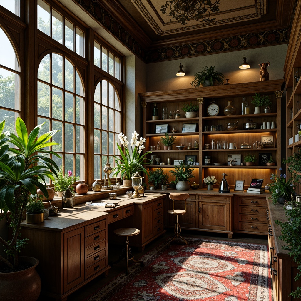 Prompt: Intricate laboratory equipment, ornate wooden cabinets, vintage microscopes, lush greenery, exotic plants, soft natural lighting, warm earthy tones, rich velvet fabrics, intricate embroidery, flowing silk drapes, ornamental metal fixtures, curved lines, organic forms, Art Nouveau patterns, elegant typography, distressed wood accents, subtle texture overlays, cinematic color grading, atmospheric mist, 1/2 composition, shallow depth of field, realistic materials.