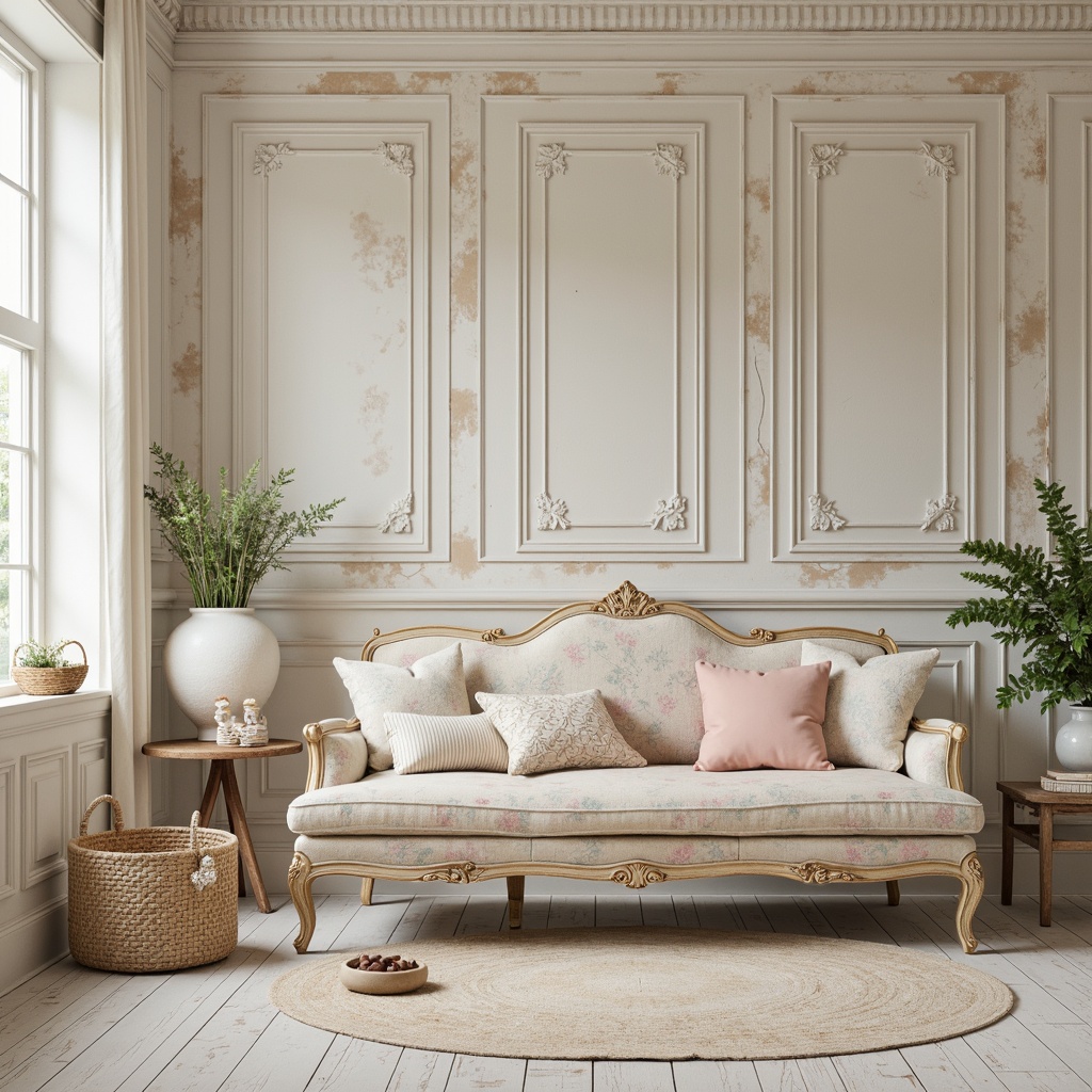 Prompt: Soft, distressed finishes, vintage accents, lace details, floral patterns, pastel hues, creamy whites, warm beiges, pale pinks, muted blues, soft peaches, gentle yellows, subtle weathering, ornate furniture, elegant typography, romantic ambiance, natural light, airy textures, whimsical illustrations, delicate trims, distressed wood, antique hardware.