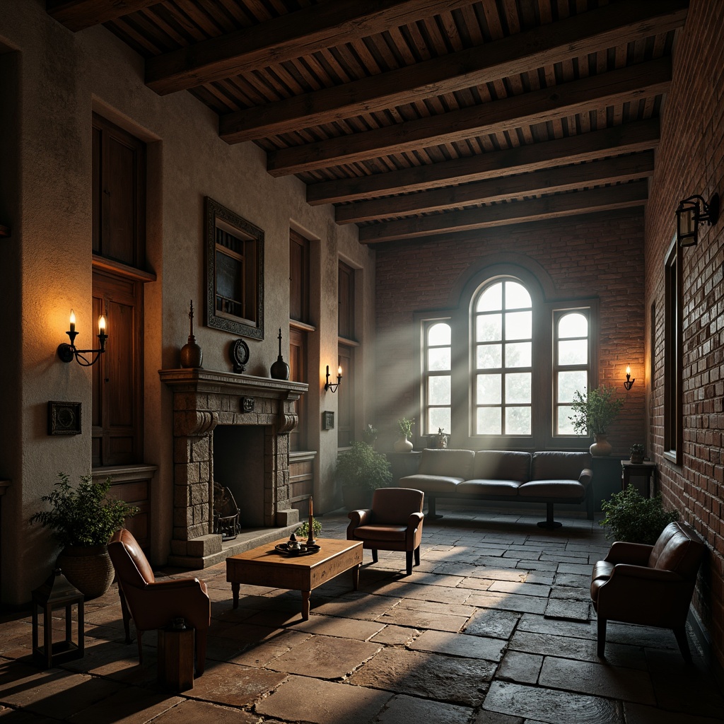 Prompt: Rustic monastery interior, exposed beams, weathered wood accents, industrial metal fixtures, reclaimed brick walls, arched windows, dim warm lighting, atmospheric fog, mysterious ambiance, ornate stone carvings, distressed leather furnishings, vintage metal lanterns, earthy color palette, natural textures, cinematic composition, low-key lighting, moody atmosphere, historic architectural details.