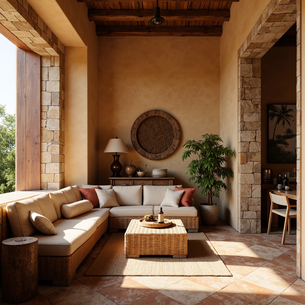 Prompt: Warm stucco walls, rustic stone accents, ornate terra cotta tiles, distressed wood trim, natural linen drapes, woven rattan furniture, earthy color palette, sun-kissed patina, soft warm lighting, shallow depth of field, 3/4 composition, panoramic view, realistic textures, ambient occlusion.