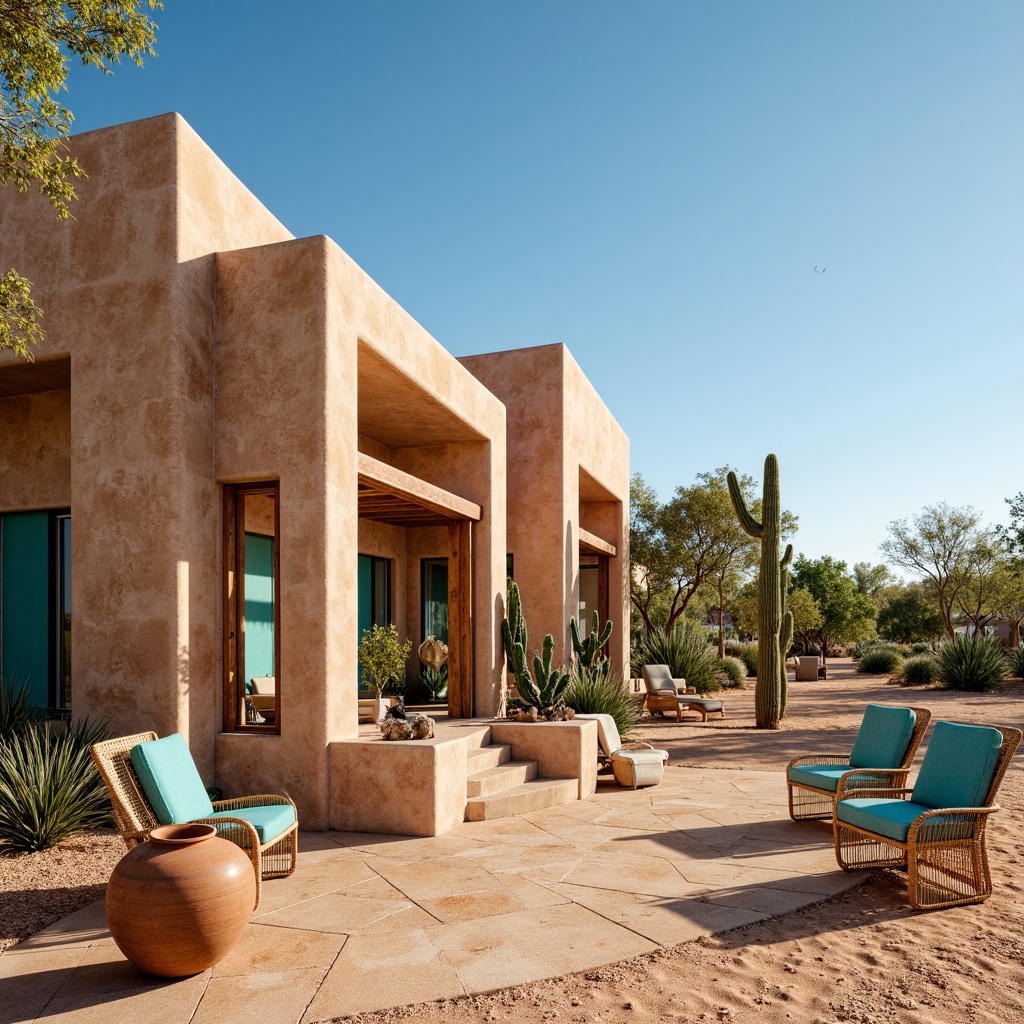 Prompt: Southwestern adobe-style villa, earthy tones, natural stone walls, reclaimed wood accents, woven wicker furniture, vibrant turquoise accents, desert botanicals, cactus plants, warm sandy dunes, clear blue sky, vast open spaces, organic textures, earthenware pottery, hand-carved wooden decor, soft warm lighting, shallow depth of field, 3/4 composition, panoramic view, realistic earthy tones, ambient occlusion.