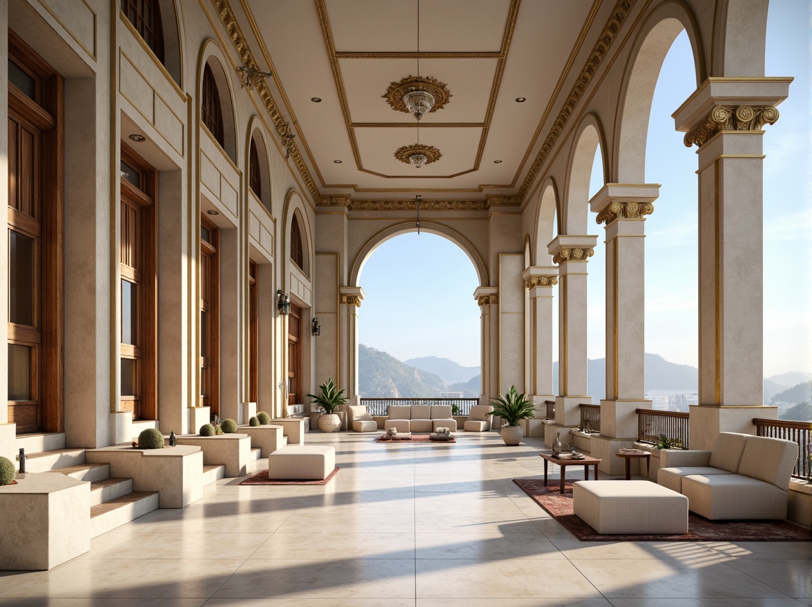 Prompt: Soft sky blue hues, warm beige tones, rich walnut wood accents, ornate gold details, elegant columns, classic archways, subtle gradient effects, gentle cloud formations, serene sunny days, shallow depth of field, 1/1 composition, realistic textures, ambient occlusion, tranquil atmosphere, refined marble floors, sophisticated furnishings, lavish velvet fabrics, intricate moldings, symmetrical compositions.