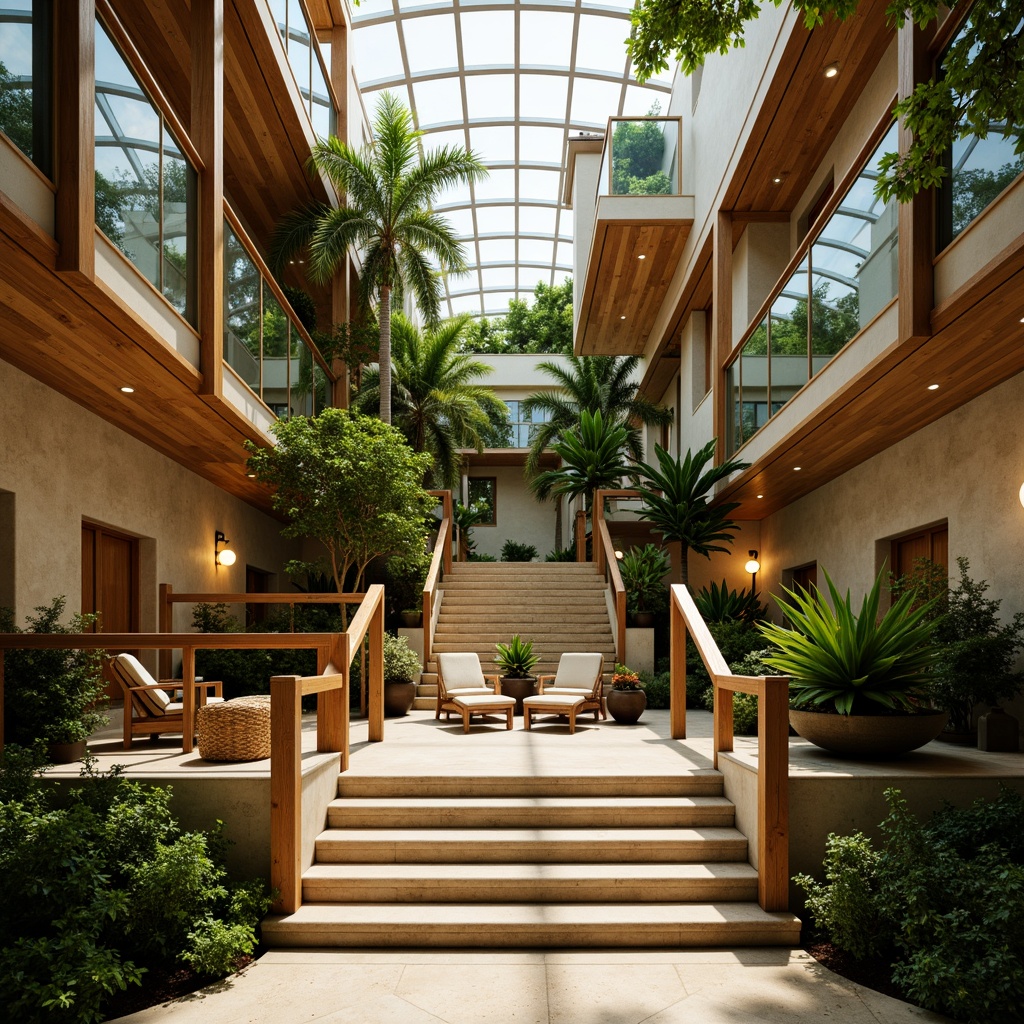 Prompt: Tropical staircase, lush greenery, exotic plants, warm beige stone walls, polished wooden handrails, glass balustrades, soft warm lighting, warm white LED lights, subtle ambient glow, natural fiber textiles, woven rattan furniture, earthy tone color scheme, open airy atmosphere, high ceiling, clerestory windows, diffused natural light, 1/1 composition, realistic shadows, vibrant colorful accents.