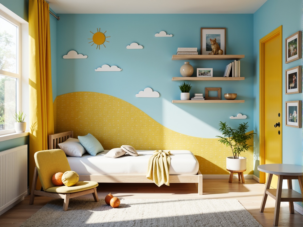 Prompt: Vibrant kids' bedroom, playful color scheme, soft pastel hues, calming blue tones, energetic yellow accents, whimsical wall murals, fun polka dots, bold stripes, cozy reading nook, plush area rug, modern minimalist furniture, bright white trim, creamy wood accents, natural light pouring in, warm afternoon sunbeams, shallow depth of field, 1/1 composition, soft focus, gentle bokeh.