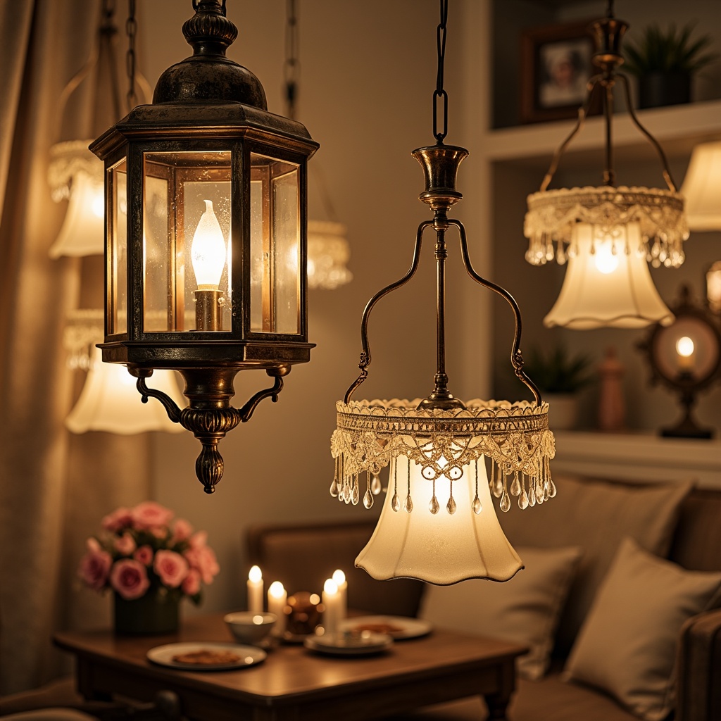 Prompt: Distressed vintage chandeliers, soft warm glow, creamy candlelight, rustic metal lanterns, frosted glass pendant lights, delicate crystal drops, lace-trimmed shades, distressed wooden floor lamps, warm beige tones, natural linen fabrics, soft peach hues, faded florals, ornate metalwork, subtle sparkle, romantic ambiance, cozy nooks, intimate settings, whimsical decorative accents, vintage-inspired fixtures, elegant candelabras, warm inviting atmosphere.