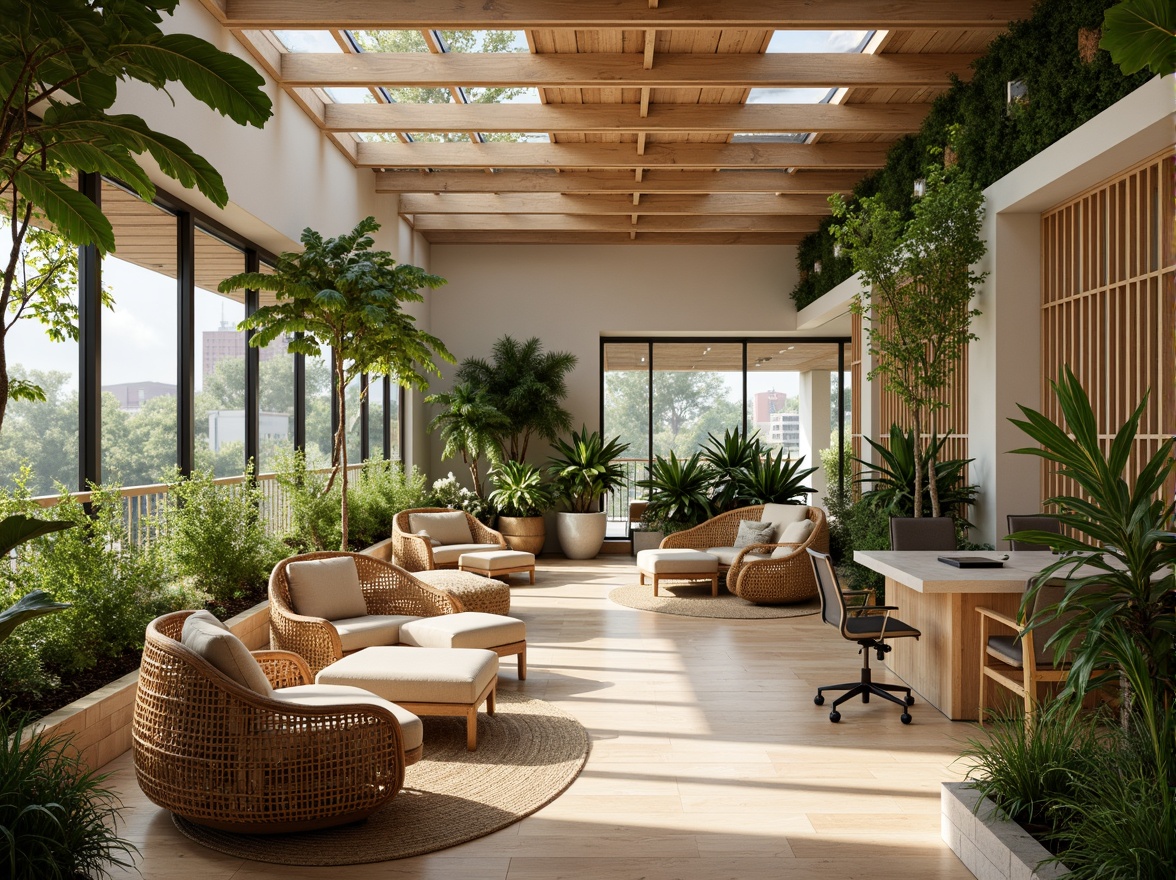 Prompt: Tropical office space, natural materials, woven rattan furniture, lush greenery, vibrant flowers, wooden accents, minimalist decor, high ceilings, large windows, sliding glass doors, clerestory windows, skylights, diffused soft lighting, warm beige tones, earthy color palette, organic textures, reclaimed wood flooring, living walls, vertical gardens, open floor plans, collaborative workspaces, cozy reading nooks, comfortable ergonomic chairs, task lamps, warm sunny day, shallow depth of field, 1/1 composition, panoramic view, realistic rendering.