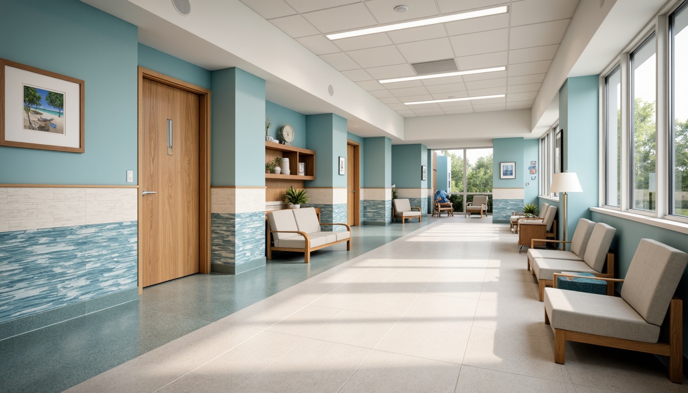 Prompt: \Calm hospital corridors, soothing coastal color palette, soft blues, creamy whites, warm sandy beiges, natural wood accents, woven sea grass patterns, ocean-inspired artwork, gentle wave motifs, coral reef colors, subtle nautical nods, comfortable patient rooms, serene waiting areas, calming nurse stations, peaceful outpatient departments, abundant natural light, soft diffused lighting, 1/1 composition, shallow depth of field, realistic textures, ambient occlusion.\