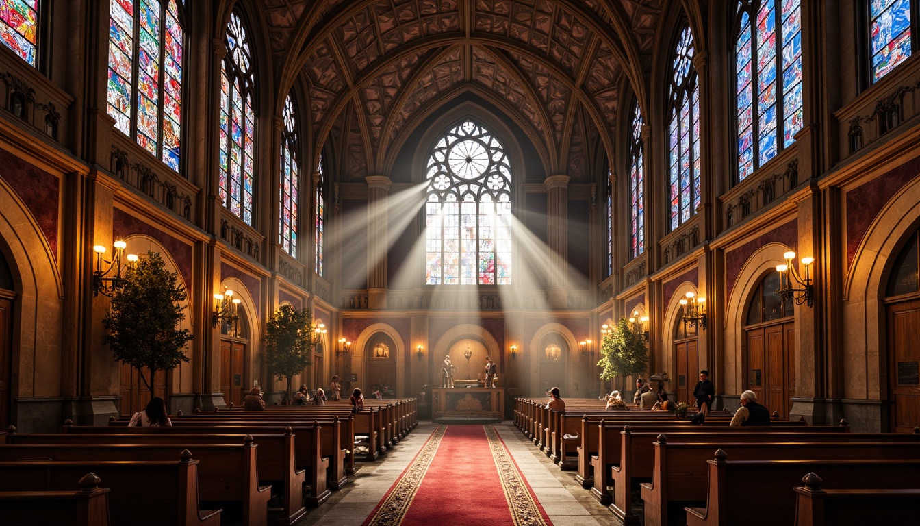 Prompt: Vibrant stained glass windows, intricate Gothic arches, ornate stone carvings, grand cathedral ceilings, richly colored tapestries, lavish furnishings, opulent chandeliers, mystical ambiance, warm golden lighting, dramatic shadows, 1/1 composition, symmetrical framing, high-contrast colors, detailed textures, atmospheric fog.