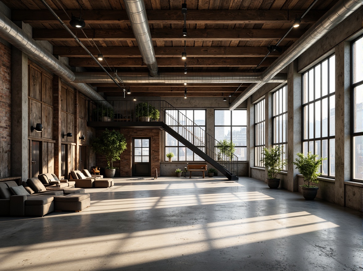 Prompt: Rustic warehouse, exposed ductwork, concrete floors, steel beams, industrial lighting, metal staircases, raw brick walls, distressed wood accents, urban loft atmosphere, open floor plan, minimalist decor, functional simplicity, brutalist architecture, industrial heritage, urban renewal, natural light pouring in, high ceilings, airy spaces, dramatic shadows, low-key lighting, cinematic composition, realistic textures, ambient occlusion.